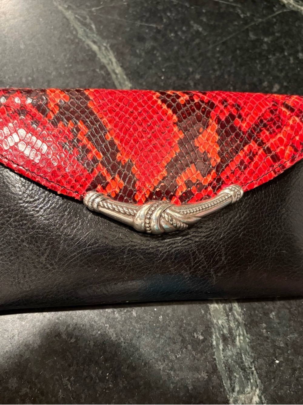 Brighton Red and Black Snake-Print Leather Crossbody/Clutch with Silver Knot